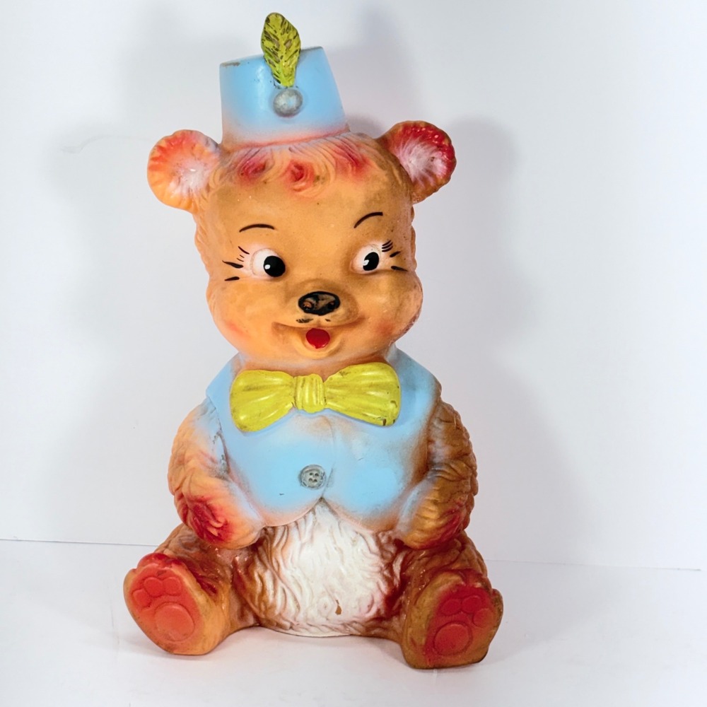 Vtg Mid Century‎ Teddy Bear Rubber Squeak Toy Made in Italy 8.5" Tall See Video